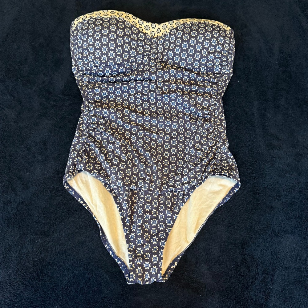 Tommy Bahama Navy Blue White Geometric Tile Bandeau One‎ Piece Swimsuit Womens 8
